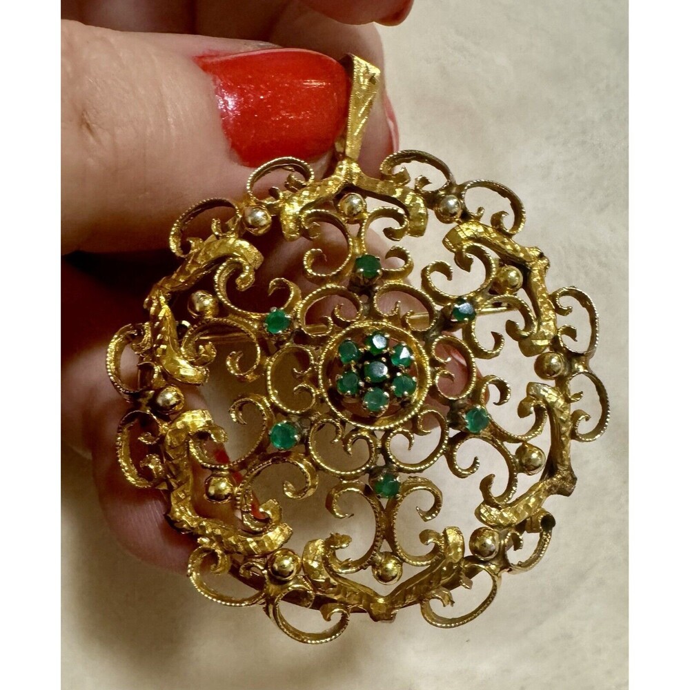 Vintage Retro Era 18K Yellow Gold And Emeralds Antique Brooch Pendant 14grams